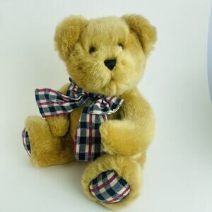 Nova Plush 10” Sitting Bear Looking Side Up with Basket Plaid Ribbon Brown